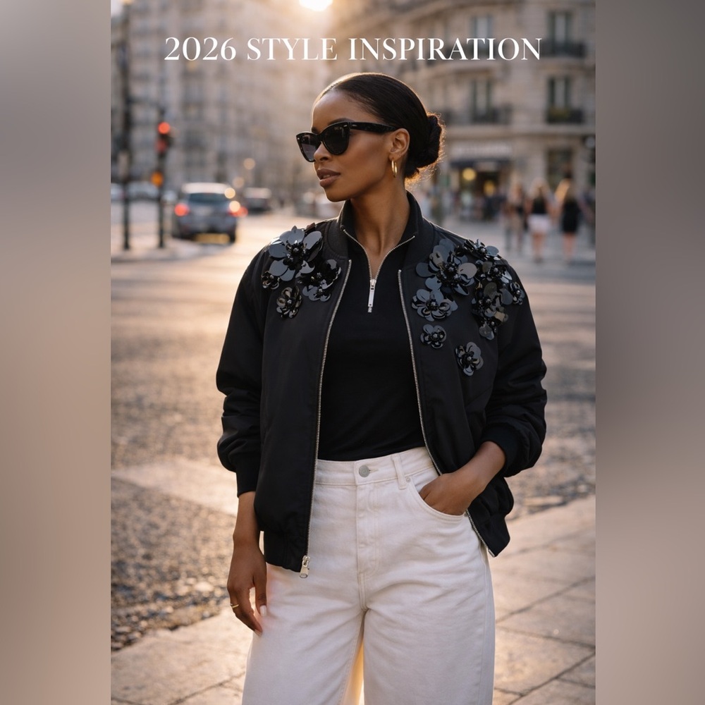 Embellished bomber jacket 3D floral sequin